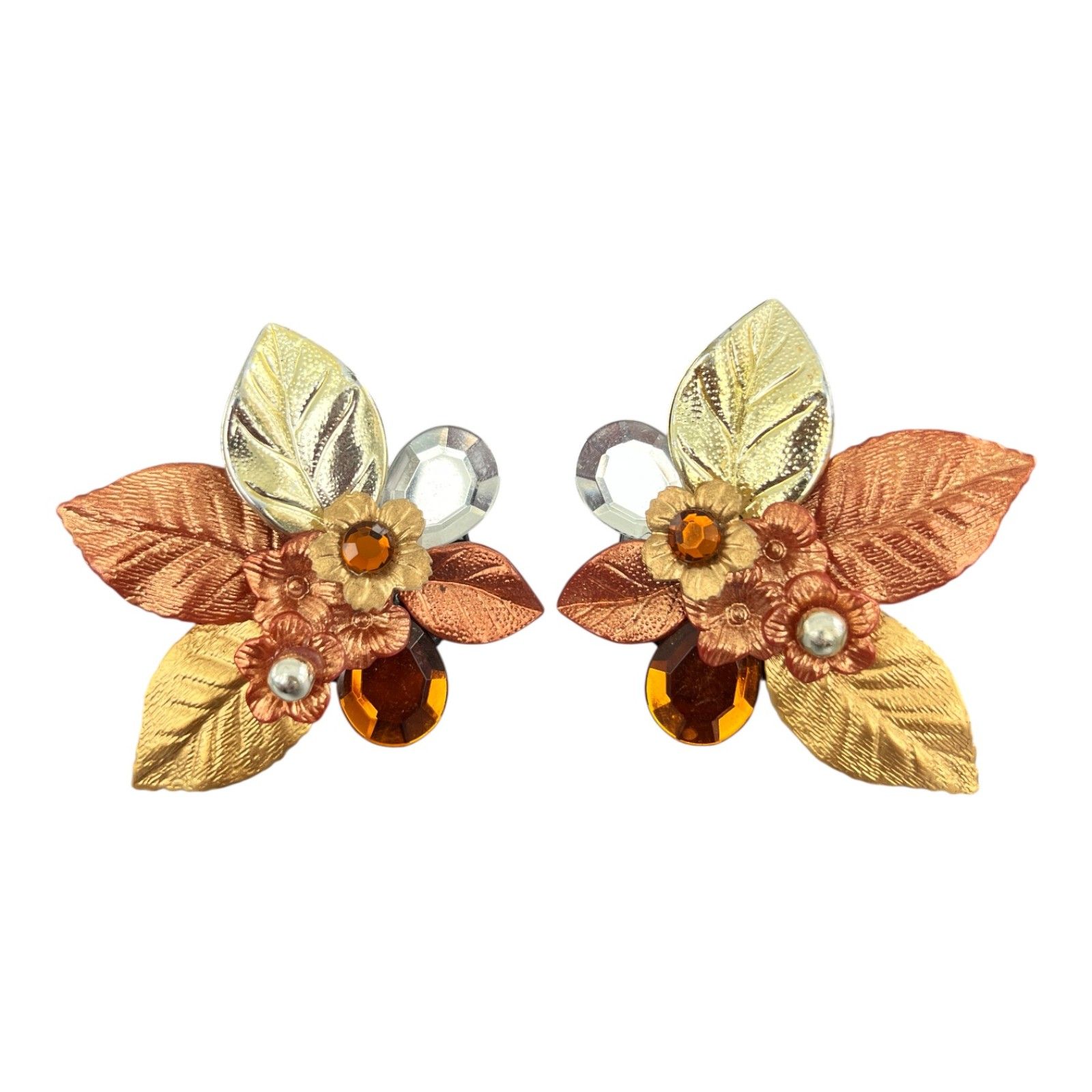 Vintage 1980s Statement Earrings Clip On Mixed Tone Leaf Rhinestone - 3u